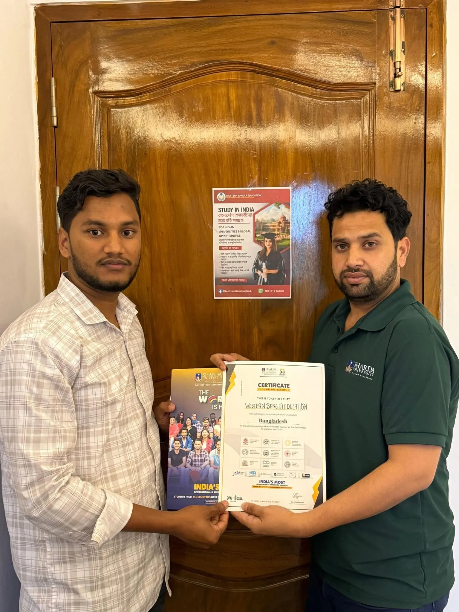 Sharda University Country Manager handing over the Certificate of Authorization to WBE in Rangpur
